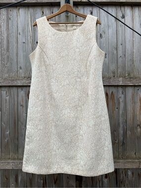 Coldwater Creek Cream Floral Jacquard Sheath Dress Formal Elegant Modest Wedding